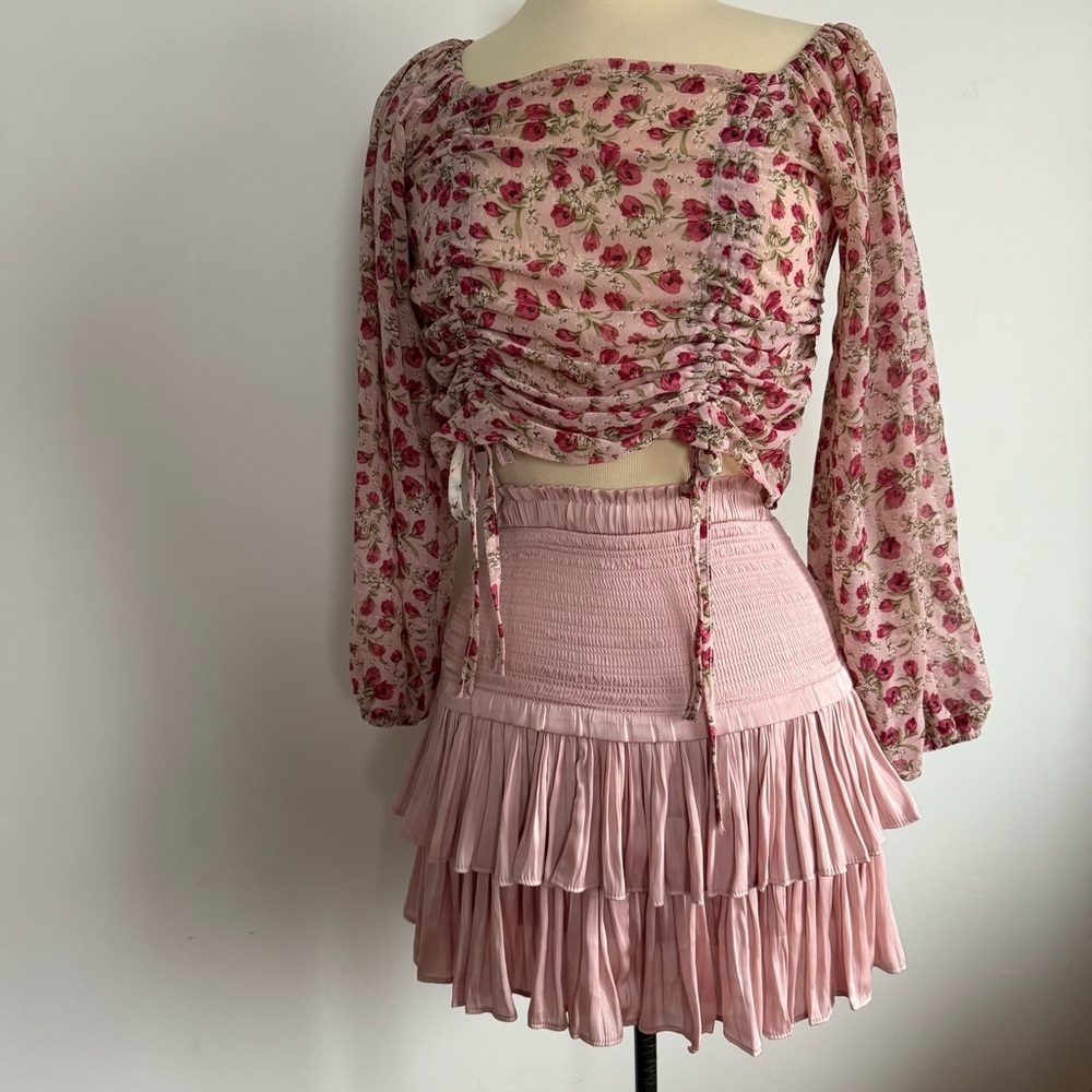Romantic 2 piece set floral smocked top and tiered mini skirt